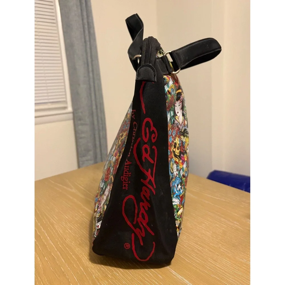 Ed Hardy‎ Christian Audigier Tattoo Print Tote Bag Geisha Skull Black Canvas Y2K